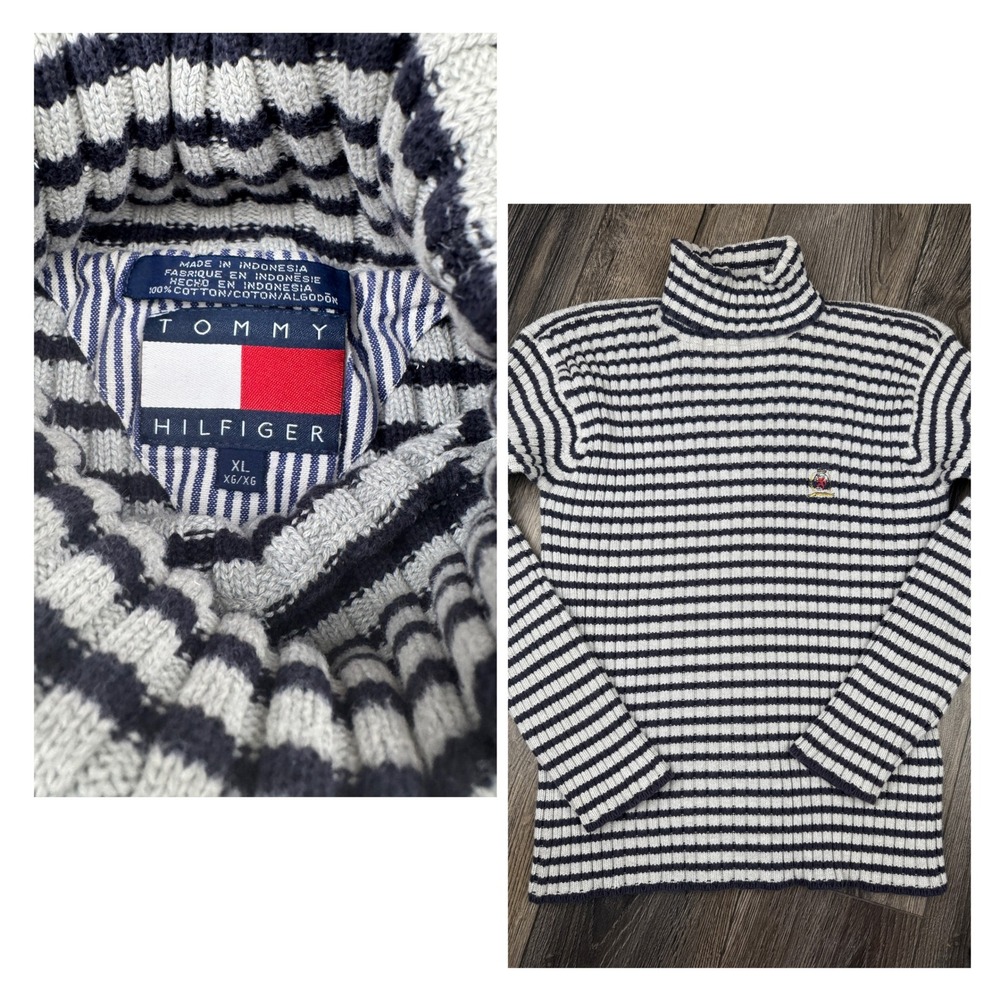 90s Y2K Preppy Nautical Tommy Hilfiger Striped Turtleneck‎ Sweater Cotton XL